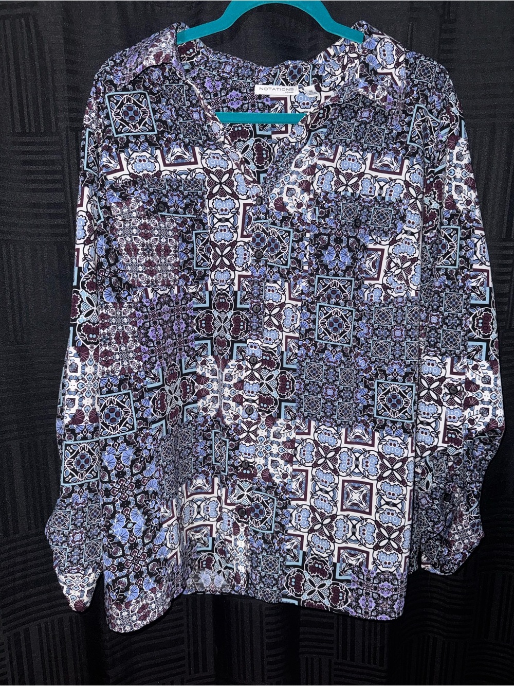 Notations Teal, Blue and Purple Mosaic-Print Button Down Shirt
